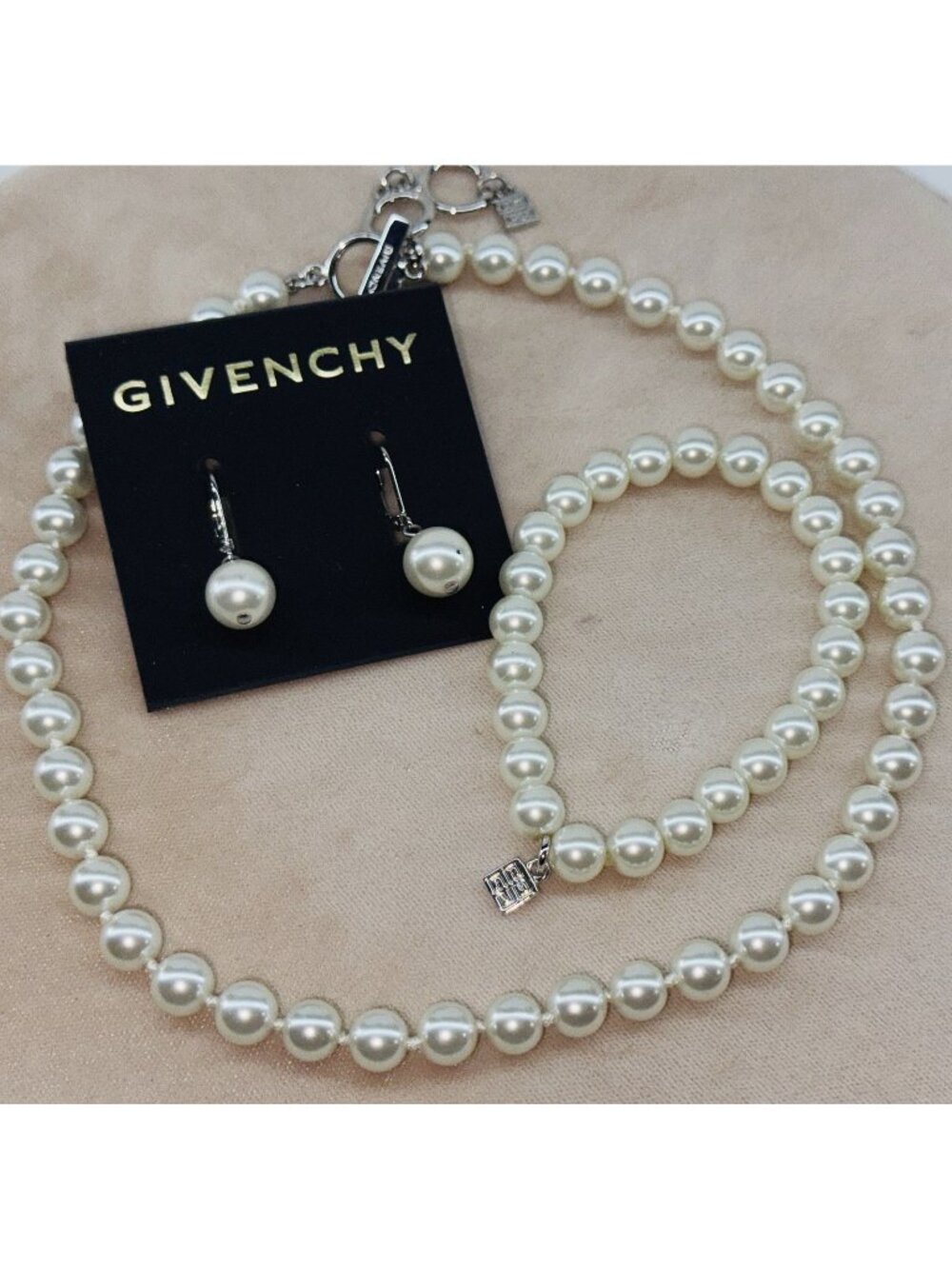Givenchy Signed Faux Pearl Necklace Bracelet Earrings Set Silver Tone NWOT